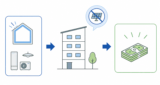 東京ゼロエミ住宅の基本要件は、壁や窓の断熱性能（UA値等）と、設備の一次エネルギー消費量削減状況で判定されます。

したがって、太陽光パネルを設置していなくても、建物本体の断熱性能（UA値等）や設備基準を満たし、東京ゼロエミ住宅の認証を取得すれば、性能水準（A・B・C）に応じた基本助成金の対象となります。最高水準である水準Aでは、最大240万円の基本助成金を受けることができます。
